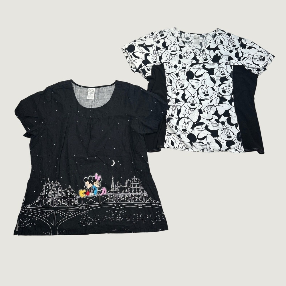 Disney Scrub Tops Women XL Black Mickey Minnie Mouse Paris Pockets SS Lot of 2